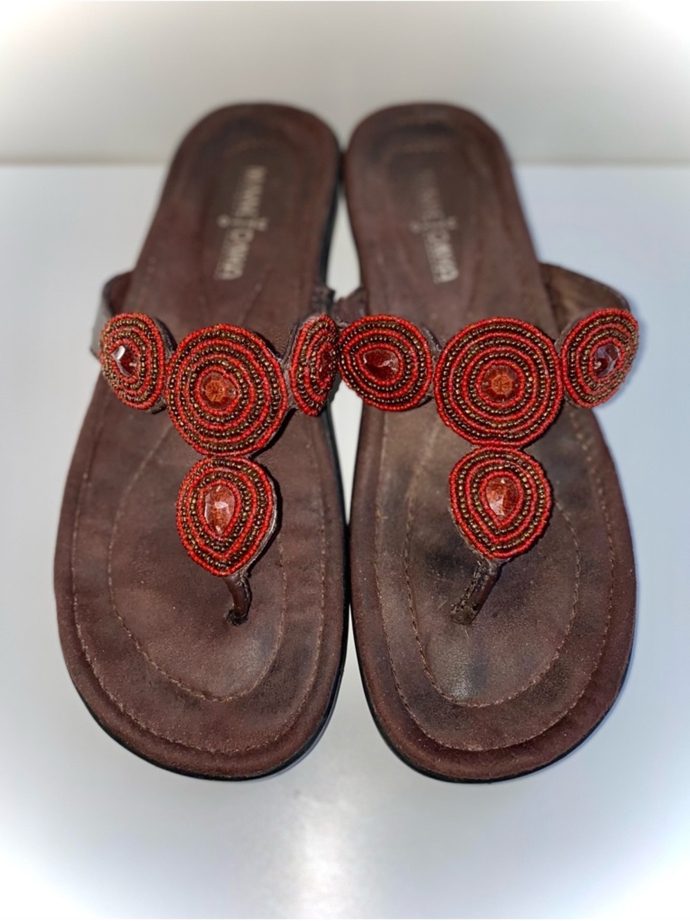 Minnetonka Brown Thong Sandals with Red Beaded Accents